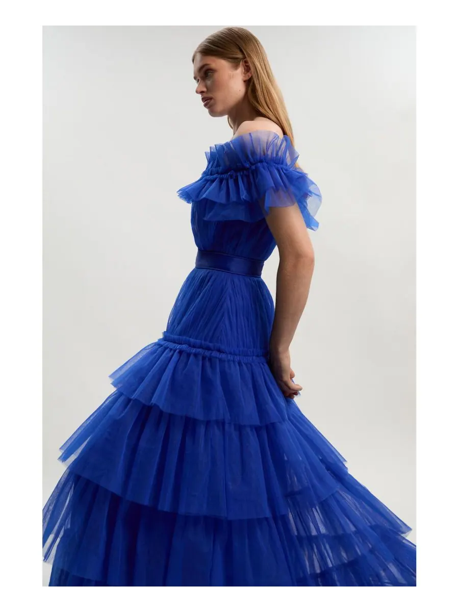 Женское длинное платье из тюля с открытыми плечами Karen Millen — изображение 2 из 8, синий