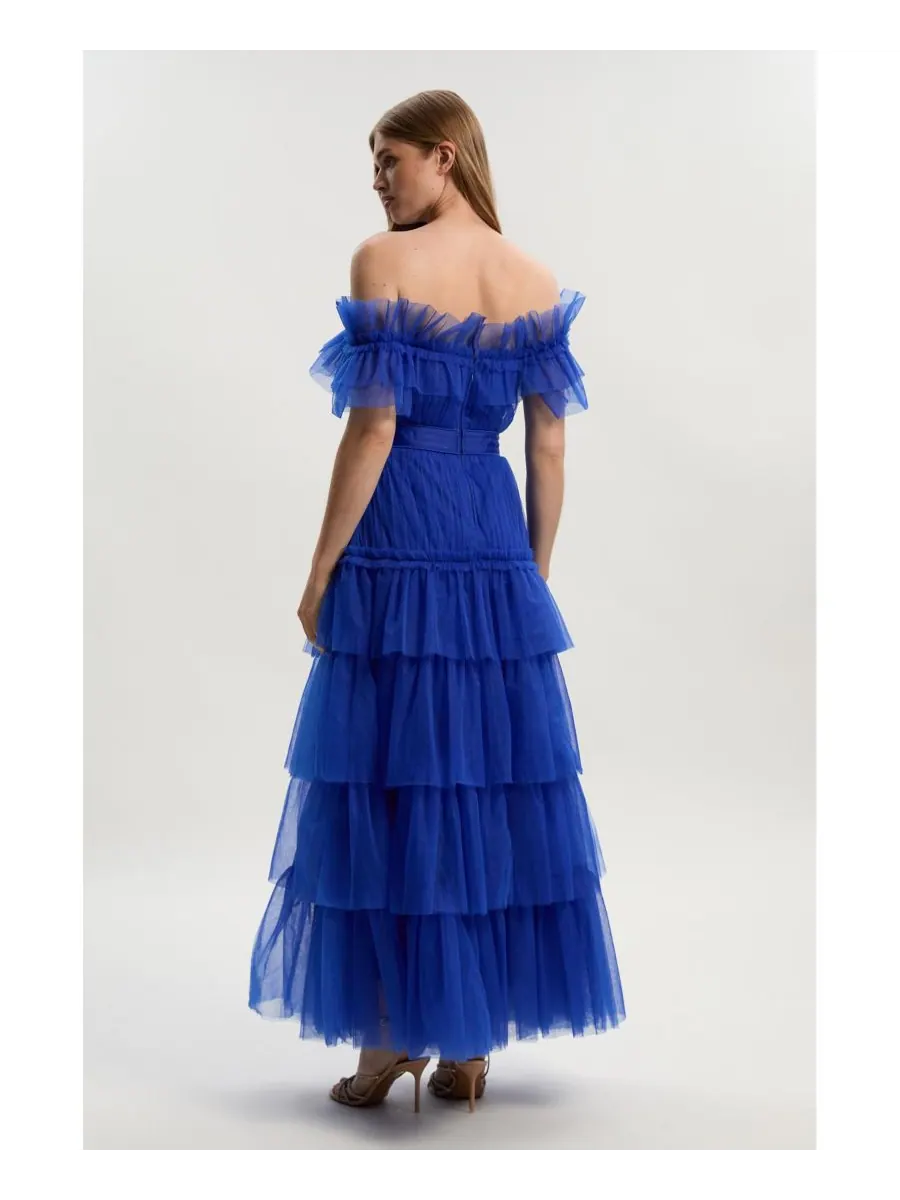 Женское длинное платье из тюля с открытыми плечами Karen Millen — изображение 3 из 8, синий