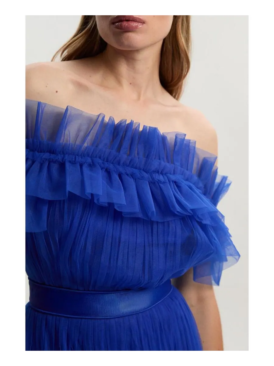 Женское длинное платье из тюля с открытыми плечами Karen Millen — изображение 8 из 8, синий