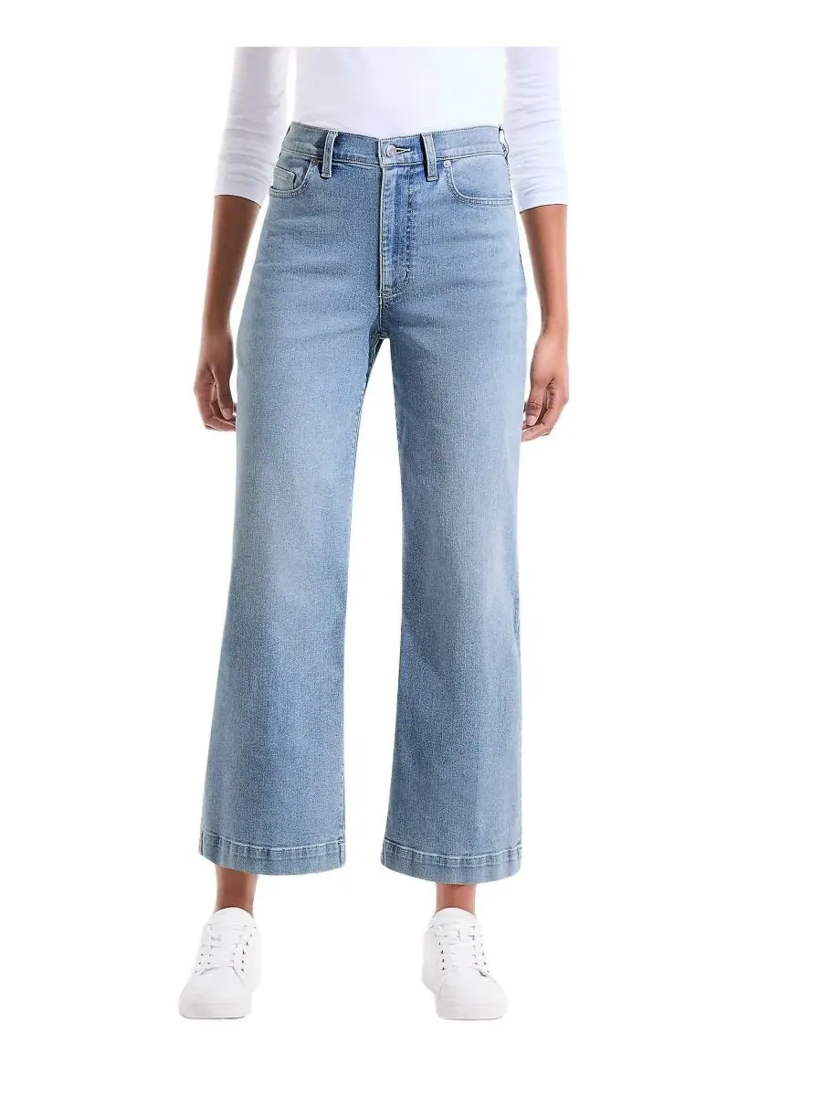 Укороченные джинсы Petite Recover Denim с высокой посадкой и широкими штанинами Lands' End — изображение 1 из 4, синий