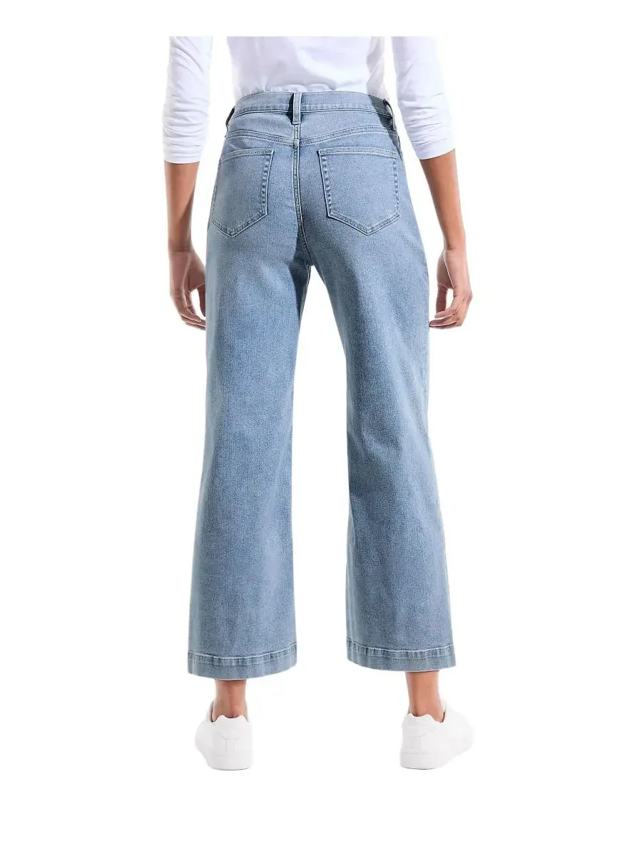 Укороченные джинсы Petite Recover Denim с высокой посадкой и широкими штанинами Lands' End — изображение 2 из 4, синий