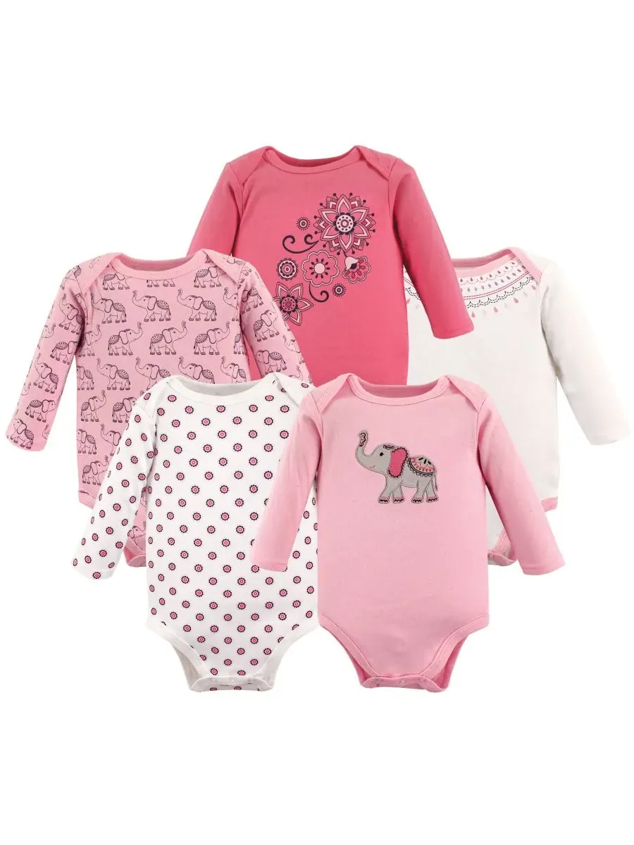 Хлопковые боди с длинными рукавами, комплект из 5 штук с рисунком слона Hudson Baby, Boho Elephant