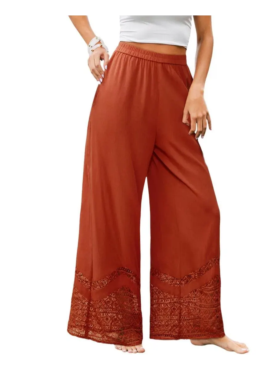 Штаны широкие с эластичным поясом и кружевной отделкой, модель Women's Rust Elastic Waist Lace Trim