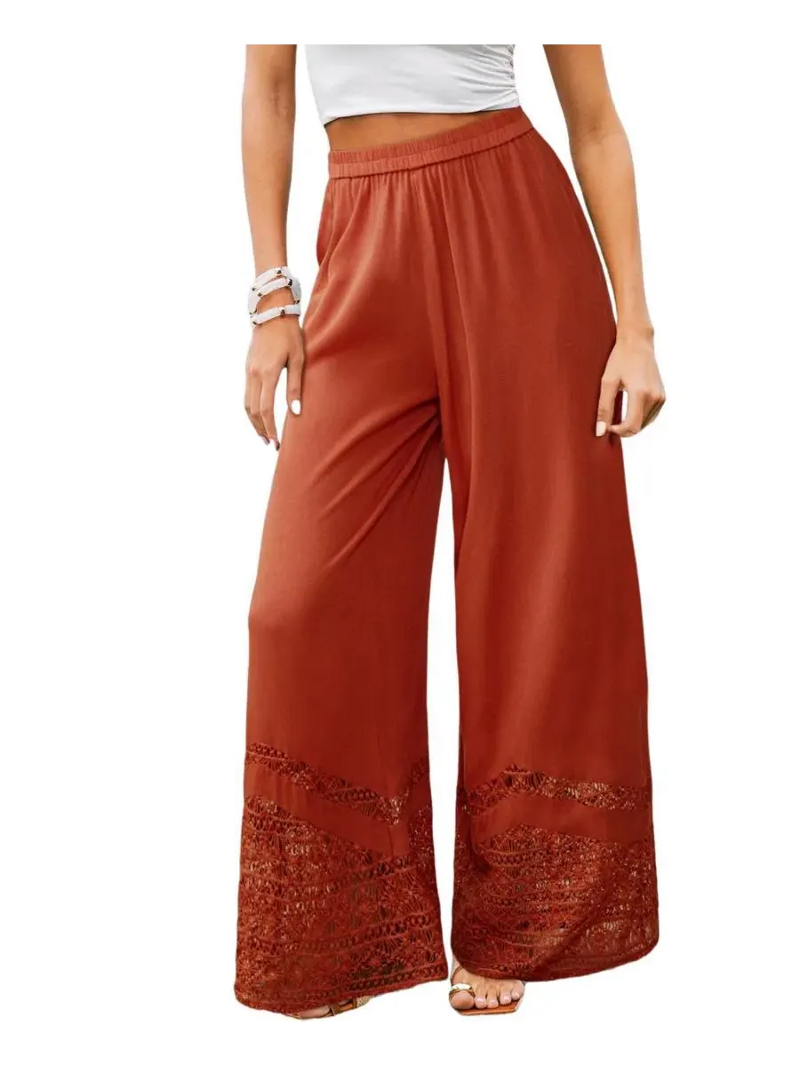 Штаны широкие с эластичным поясом и кружевной отделкой, модель Women's Rust Elastic Waist Lace Trim — изображение 2 из 3