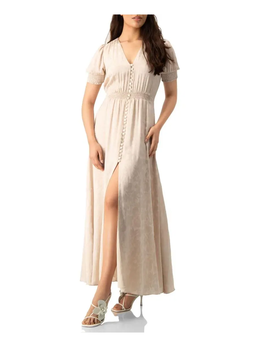 Платье макси из жаккардового сатина с пуговицами, с коротким рукавом-фонарик и утянутой талией — изображение 1 из 6, бежевый