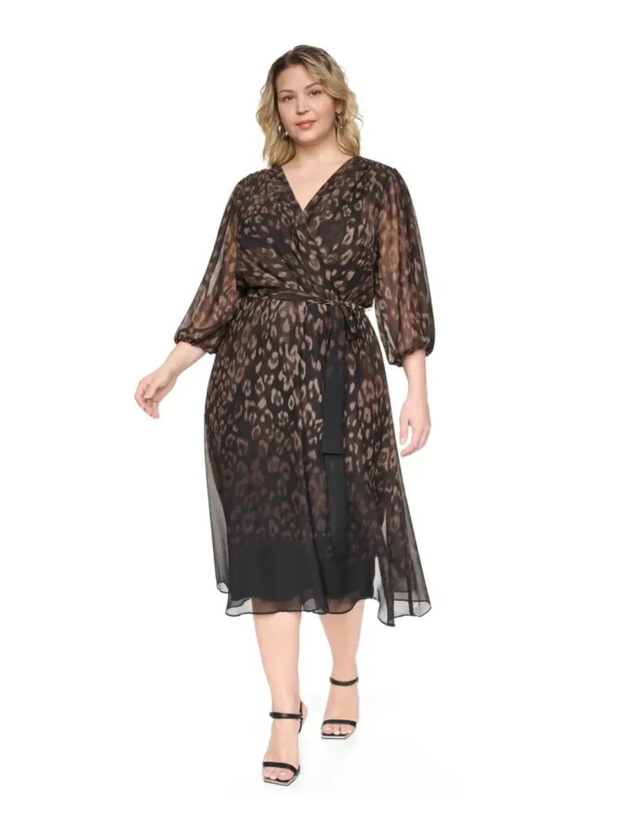 Платье миди с V-образным вырезом и принтом Plus Size — изображение 1 из 5, мульти