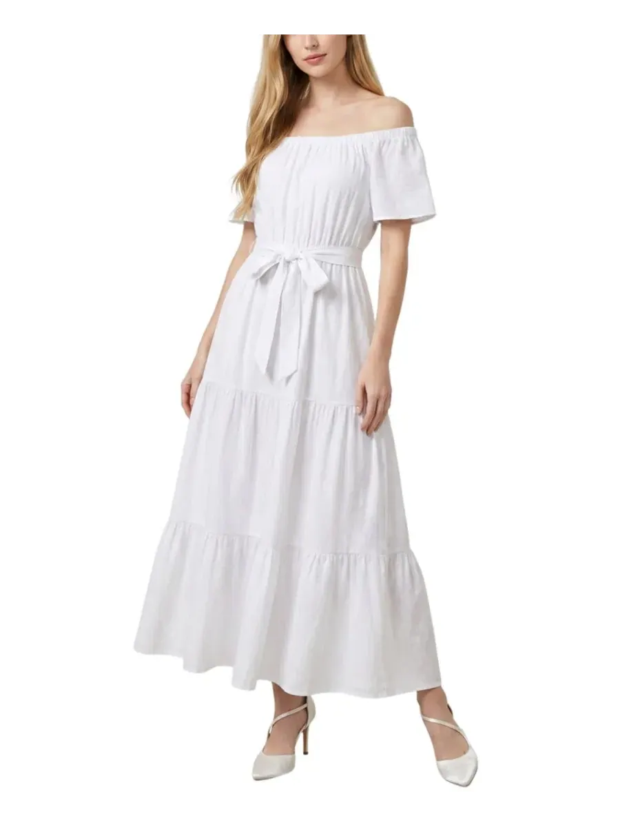 Платье макси с открытыми плечами и ярусной юбкой Petite Off-The-Shoulder Tiered Maxi Dress NY — изображение 1 из 4, белый