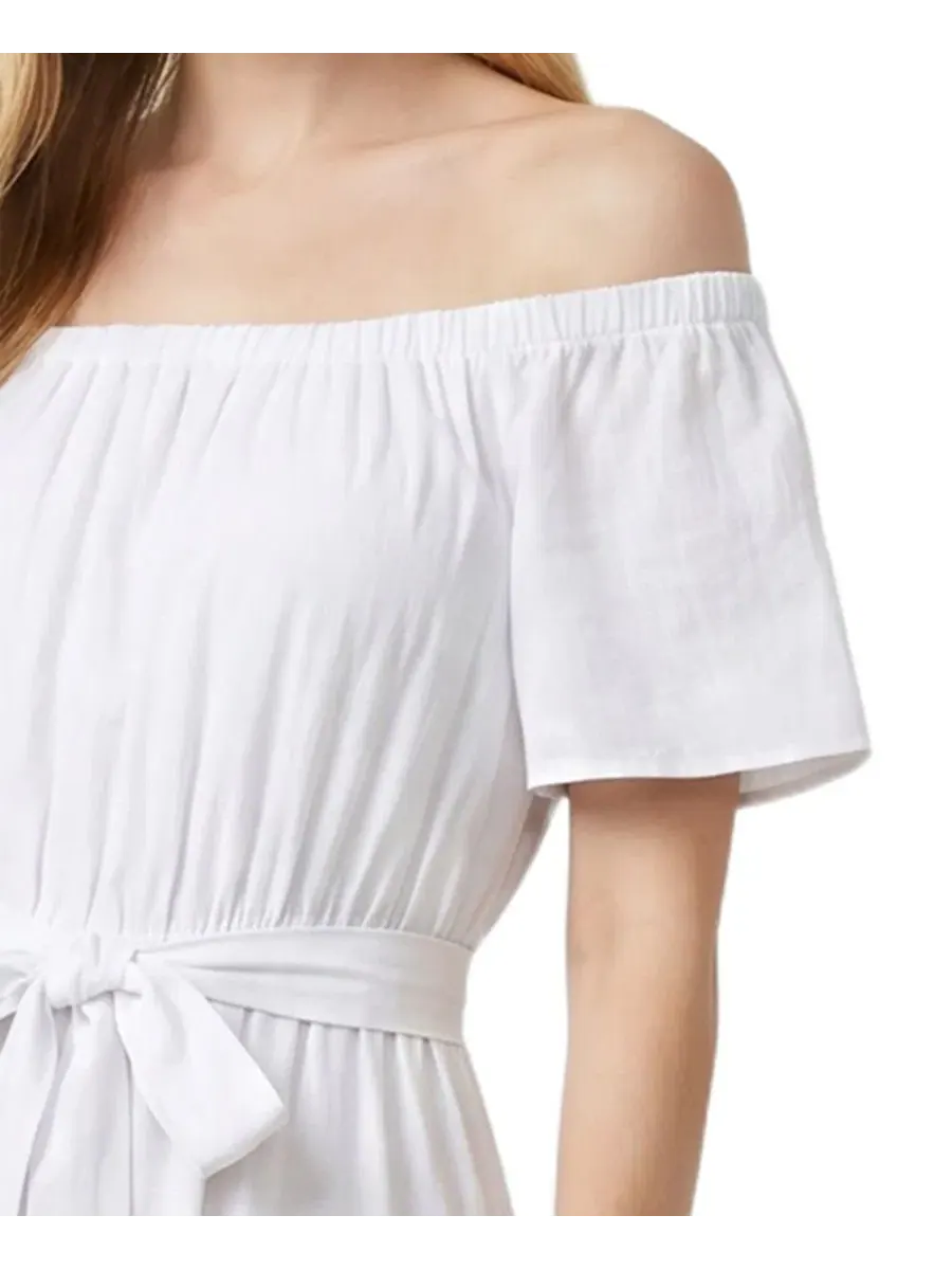 Платье макси с открытыми плечами и ярусной юбкой Petite Off-The-Shoulder Tiered Maxi Dress NY — изображение 3 из 4, белый