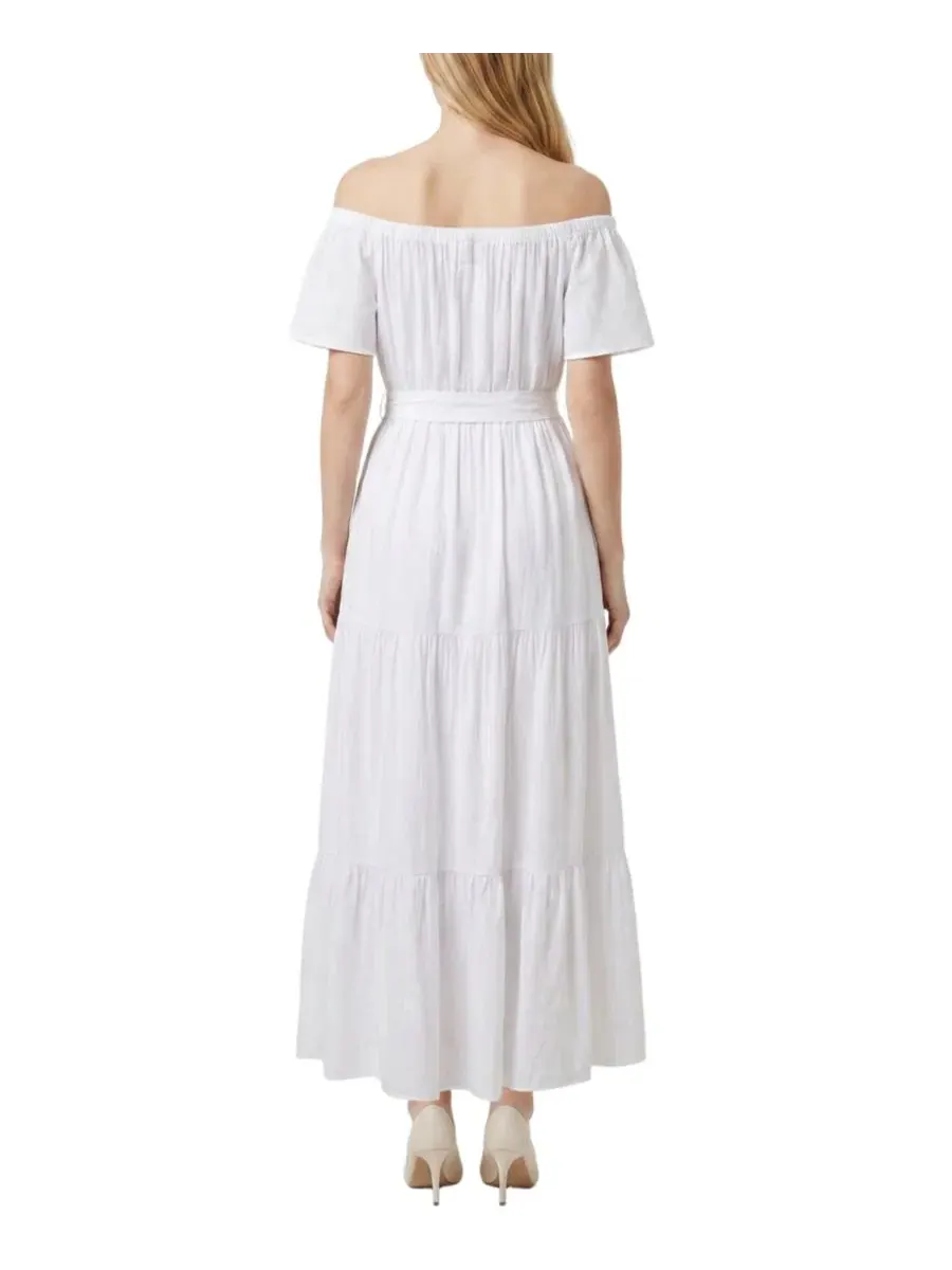 Платье макси с открытыми плечами и ярусной юбкой Petite Off-The-Shoulder Tiered Maxi Dress NY — изображение 4 из 4, белый