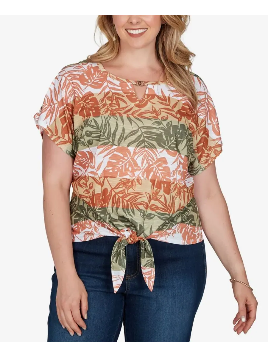 Топ с завязками спереди Print Knit Tie-Front Plus Size