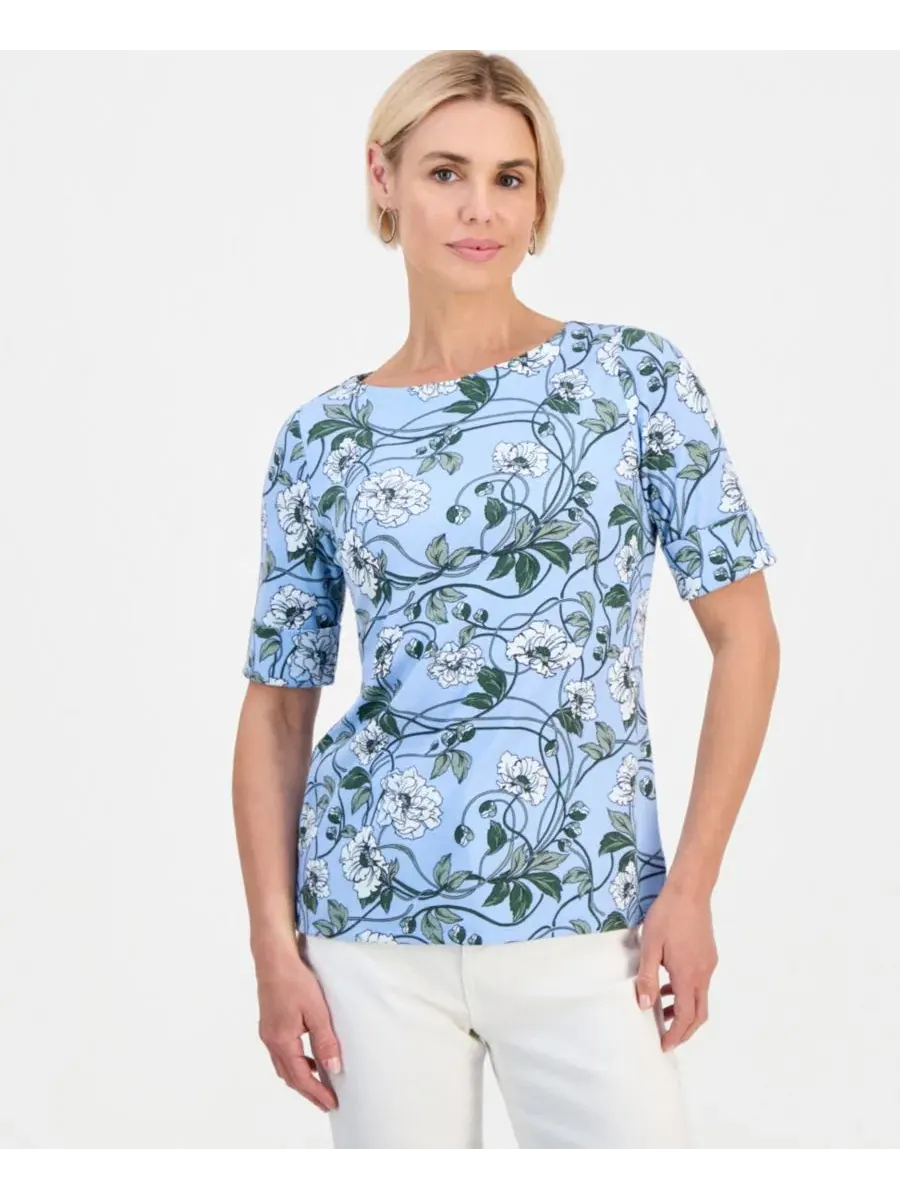 Блузка с лодочным вырезом и рукавом до локтя, с цветочным принтом Style & Co, Pretty Peri — изображение 1 из 4