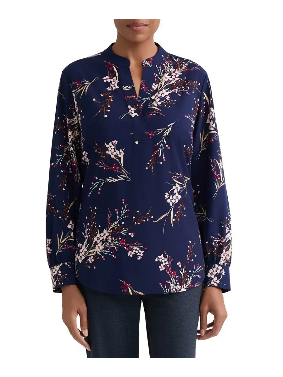 Топ с V-образным вырезом и принтом Long Sleeve Popover Jones New York — изображение 1 из 4, темно-синий мульти