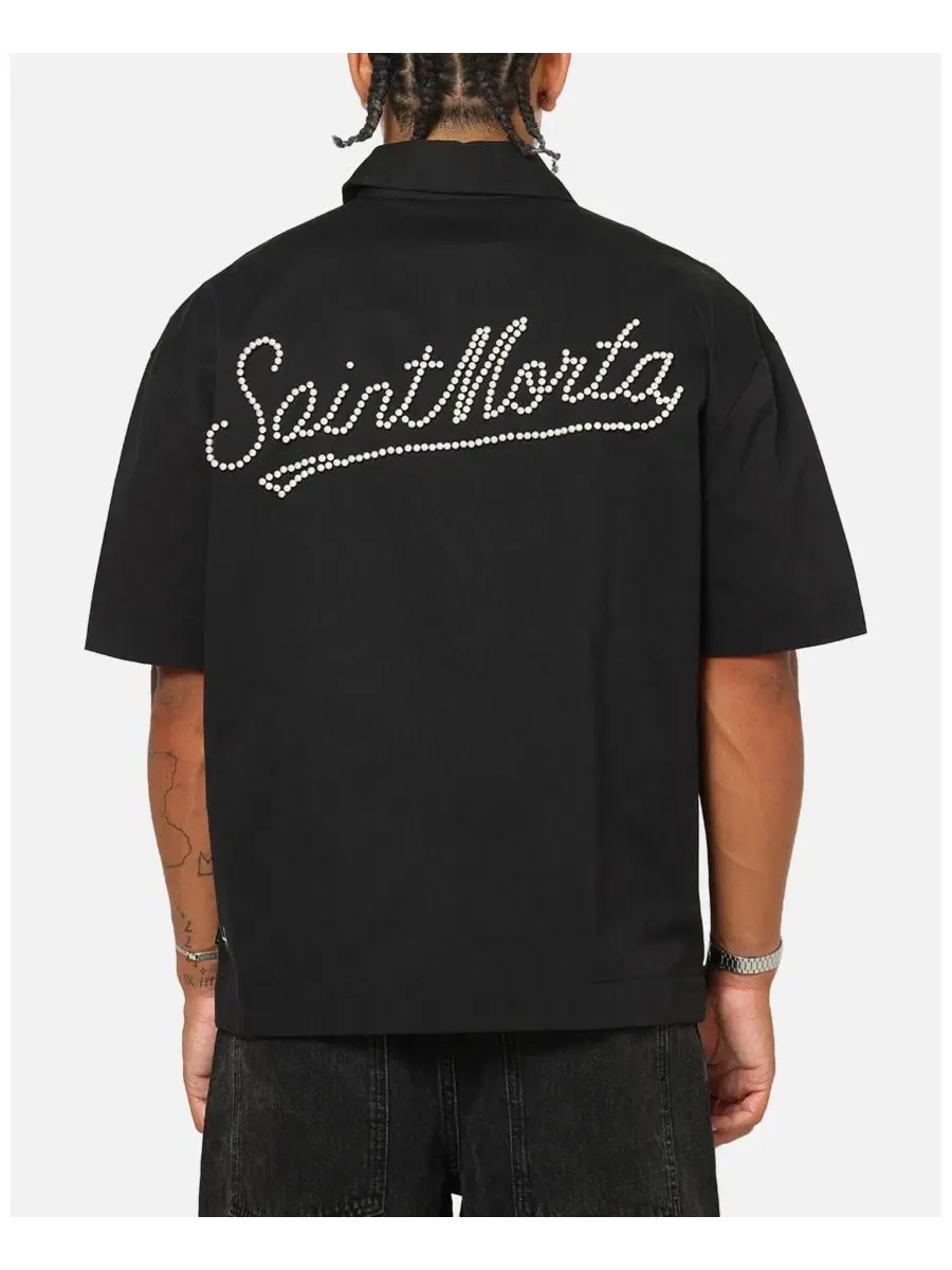 Мужская рубашка с жемчужными деталями Pearl Script Button Up Shirt SAINT MORTA — изображение 2 из 6, черный
