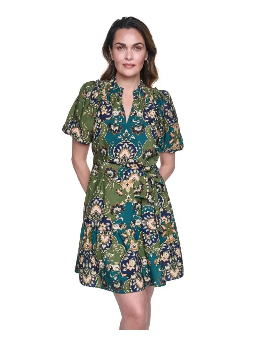 Платье с принтом, с пышными рукавами и воротником-стойкой Vince Camuto — изображение 3 из 4, зеленый мульти