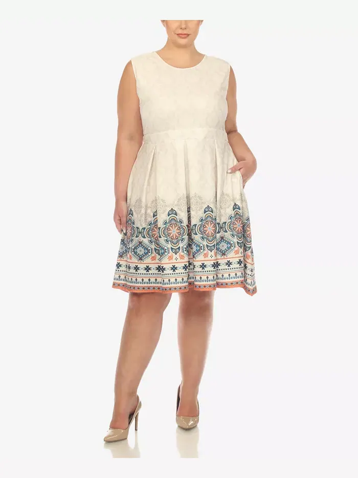 Платье приталенное с расклешенной юбкой до колена Plus Size White Mark — изображение 1 из 5, бежевый