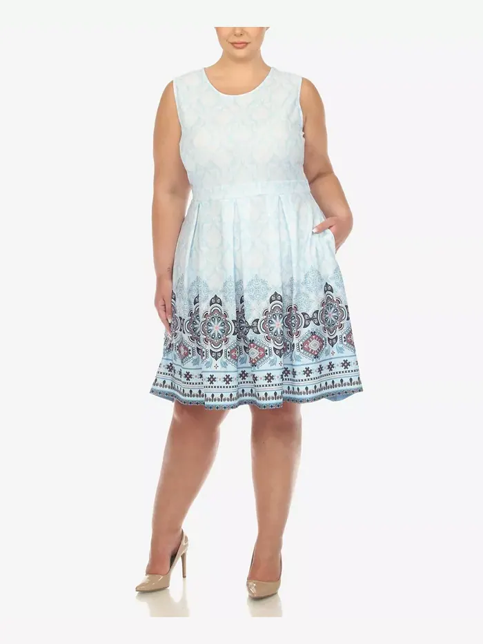 Платье приталенное с расклешенной юбкой до колена Plus Size White Mark — изображение 1 из 5, синий
