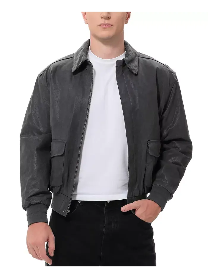Мужская кожаная летная куртка-бомбер A-2 с эффектом потертости Landing Leathers — серый