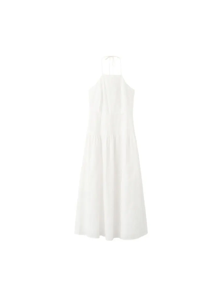Платье-трапеция с открытой спиной и вышивкой, модель Openwork-Embroidery Halter A-Line Cotton Dress — изображение 6 из 7