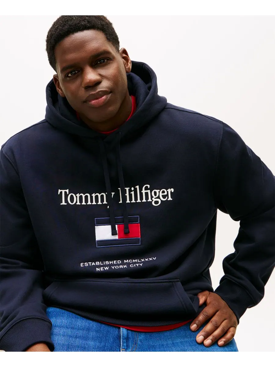 Мужская толстовка с капюшоном и вышитым флагом, больших размеров Tommy Hilfiger — изображение 3 из 4, голубой
