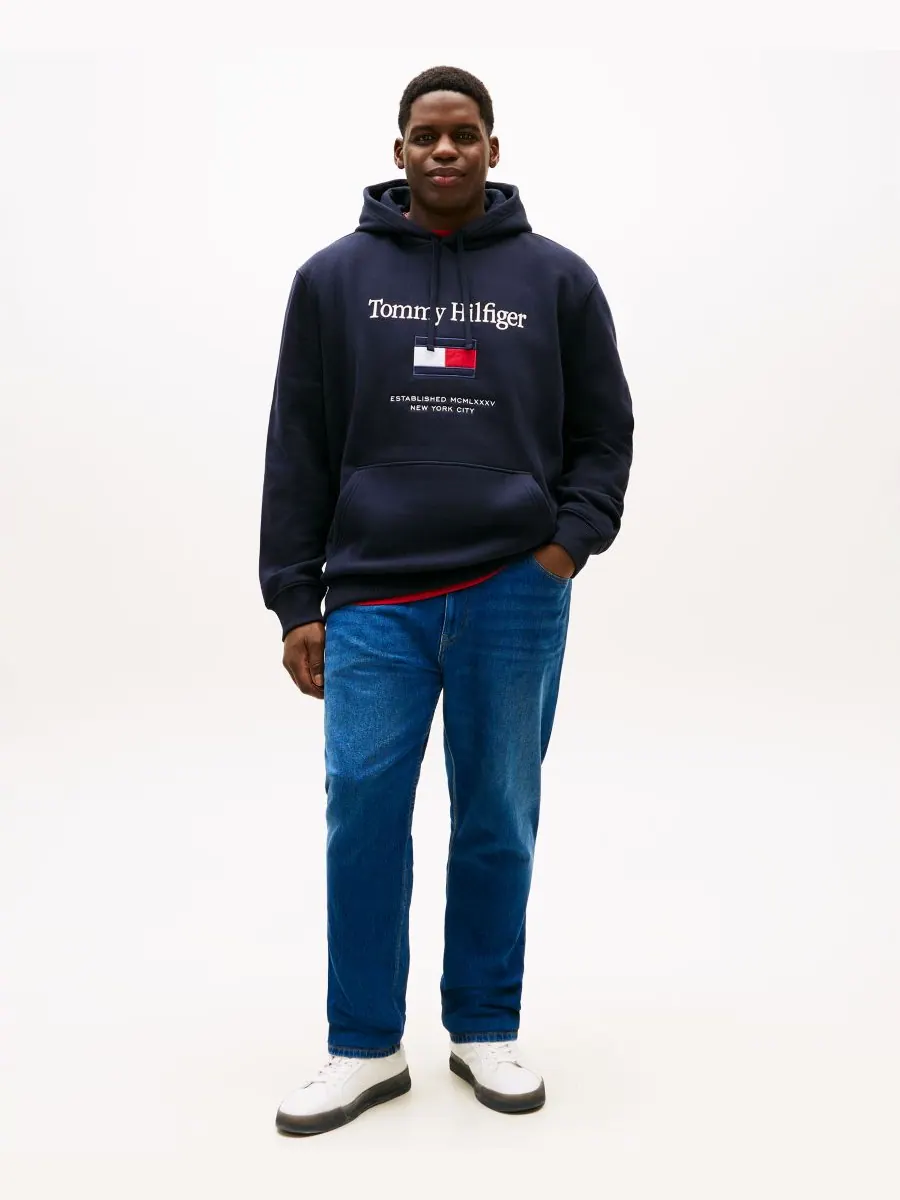 Мужская толстовка с капюшоном и вышитым флагом, больших размеров Tommy Hilfiger — изображение 4 из 4, голубой