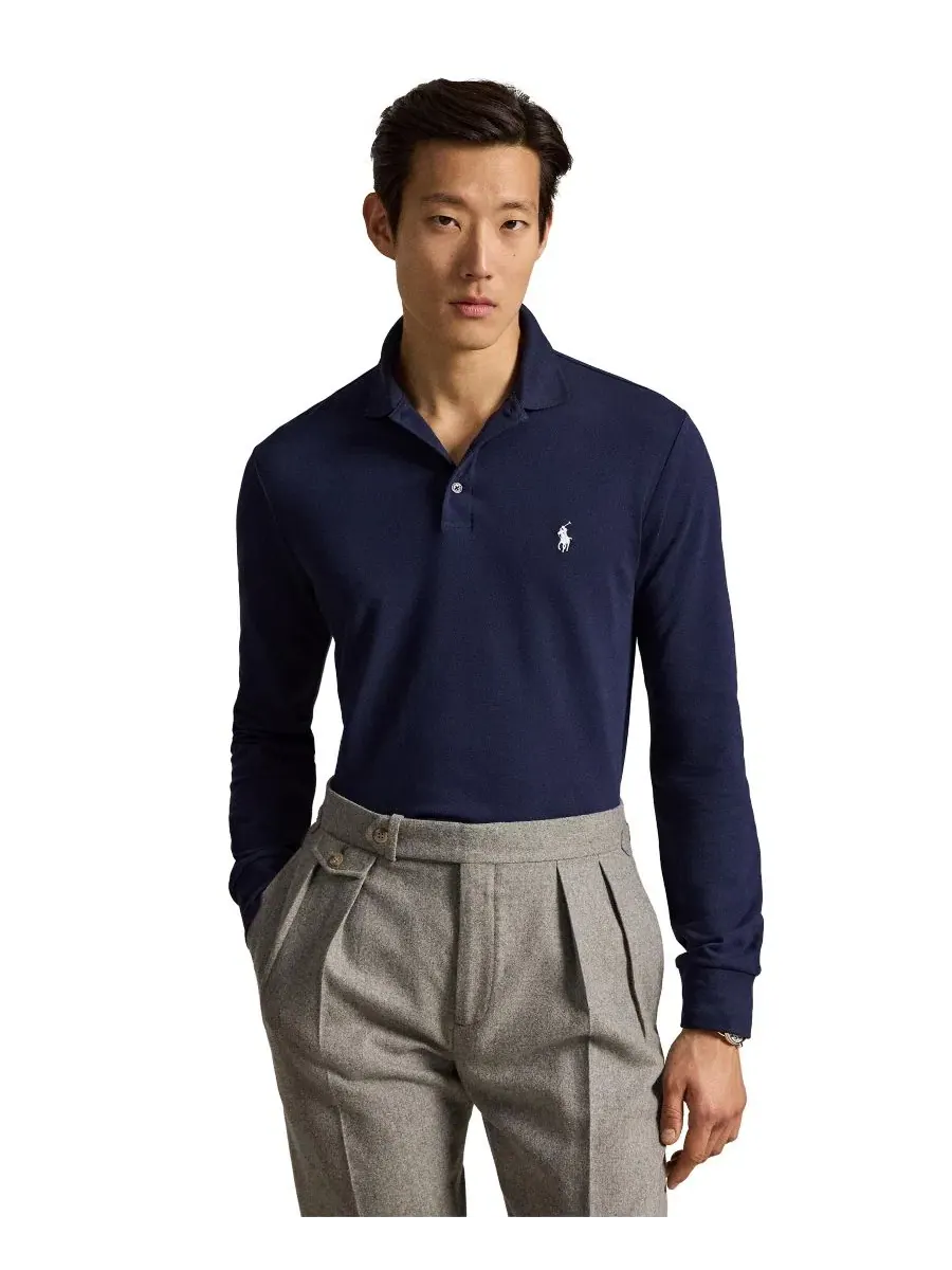 Мужское поло классического кроя с хлопком и эластаном Polo Ralph Lauren — изображение 1 из 5, темно-синий