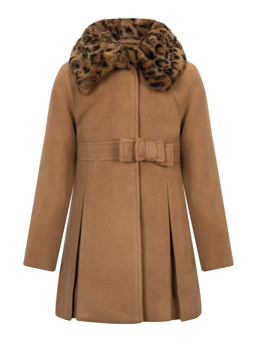 Пальто детское с двойным бантом и меховым воротником S Rothschild & CO, Camel Leopard