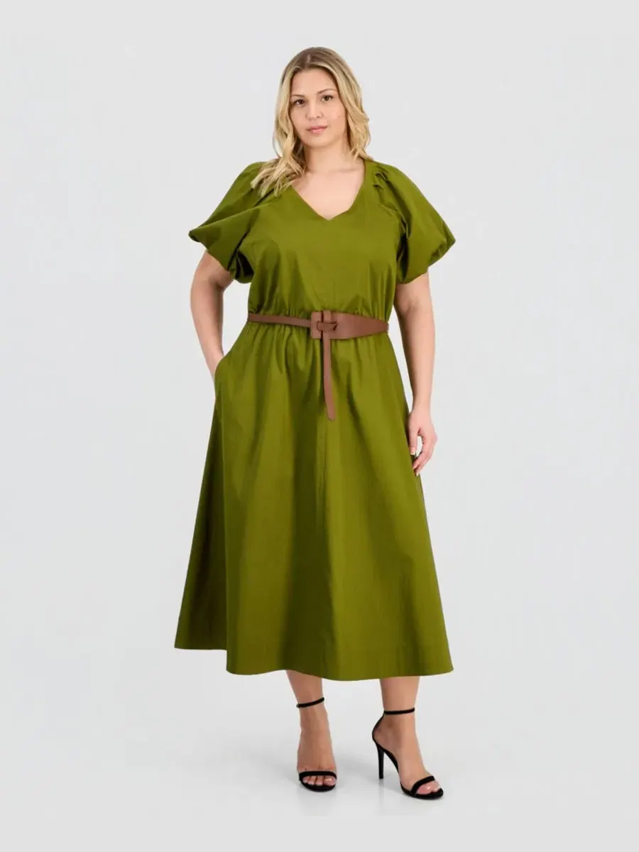 Платье миди с V-образным вырезом из сатина Plus-Size Sateen V-Neck Midi Dress Anne Klein — изображение 1 из 5, зеленый