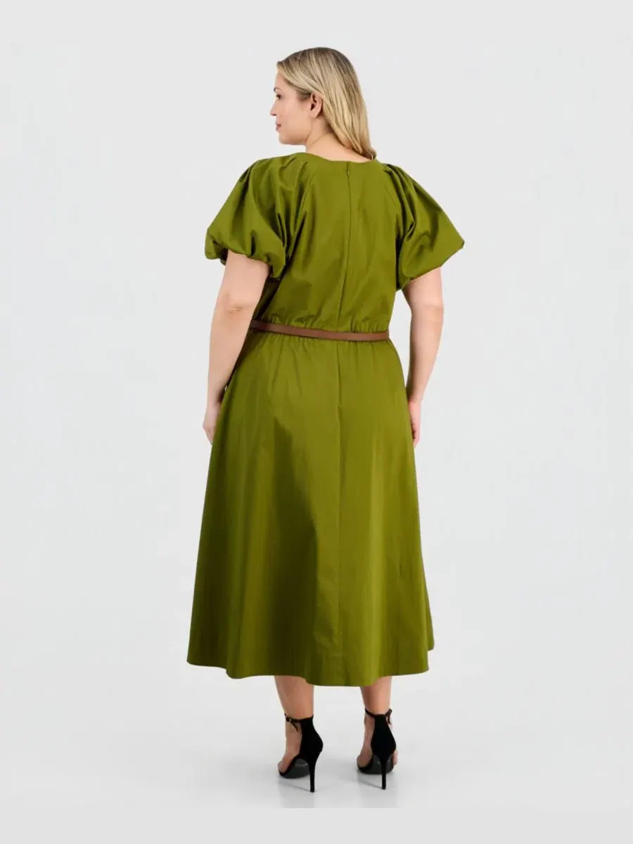 Платье миди с V-образным вырезом из сатина Plus-Size Sateen V-Neck Midi Dress Anne Klein — изображение 2 из 5, зеленый