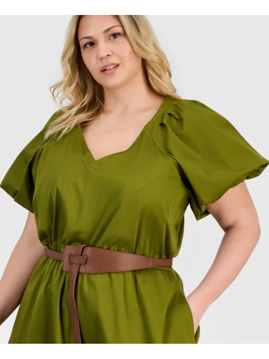 Платье миди с V-образным вырезом из сатина Plus-Size Sateen V-Neck Midi Dress Anne Klein — изображение 3 из 5, зеленый