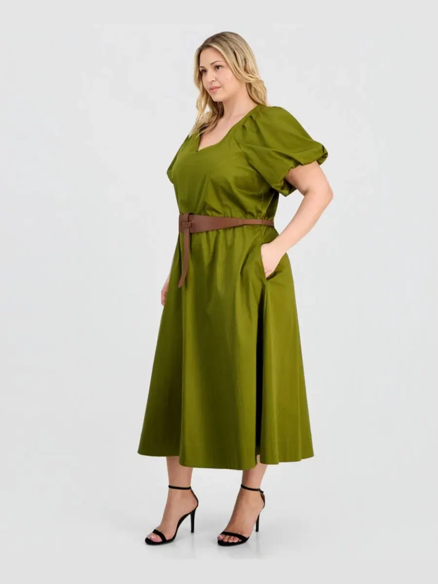 Платье миди с V-образным вырезом из сатина Plus-Size Sateen V-Neck Midi Dress Anne Klein — изображение 4 из 5, зеленый