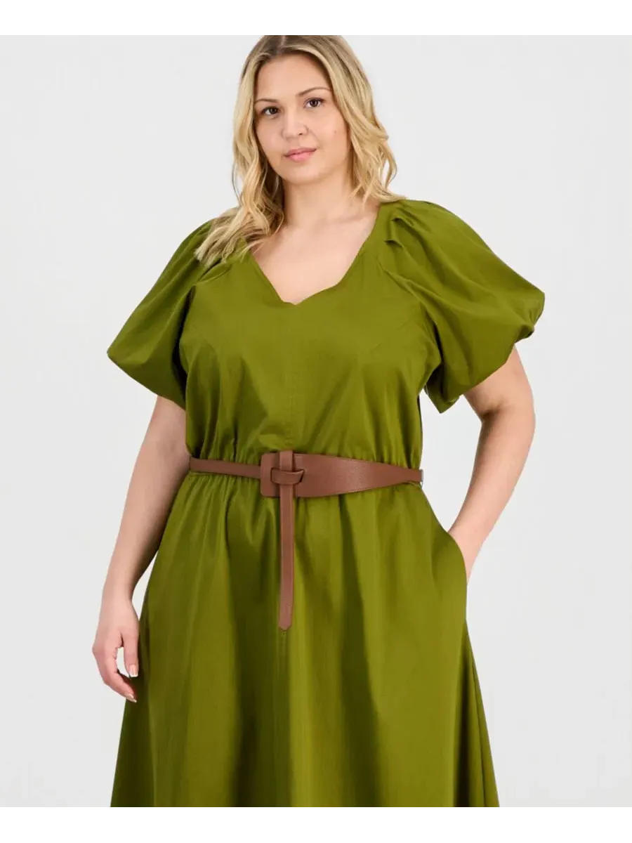 Платье миди с V-образным вырезом из сатина Plus-Size Sateen V-Neck Midi Dress Anne Klein — изображение 5 из 5, зеленый