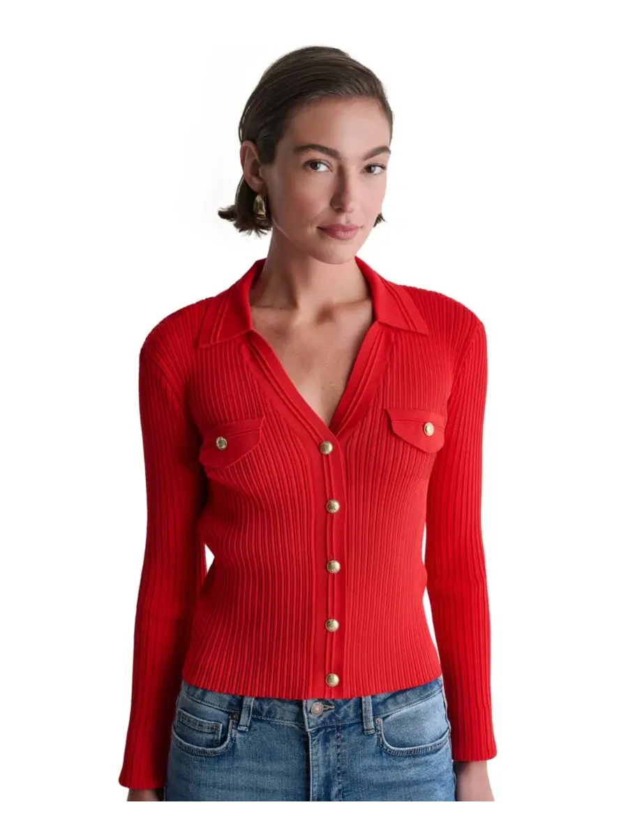 Кардиган женский с воротником и V-образным вырезом, Ribbed Knit Collared V-Neck BCBG, Rouge Volt — изображение 1 из 7