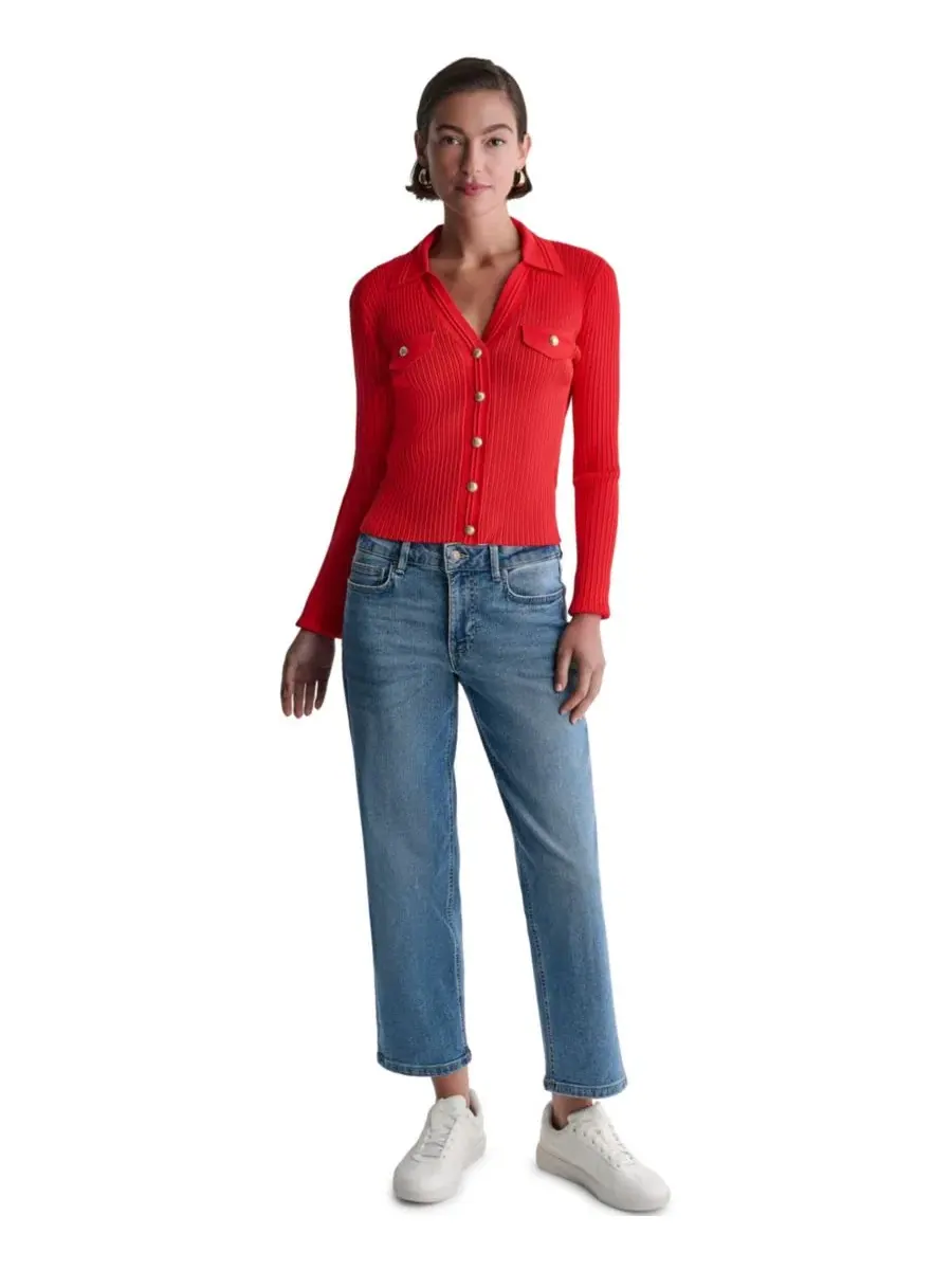 Кардиган женский с воротником и V-образным вырезом, Ribbed Knit Collared V-Neck BCBG, Rouge Volt — изображение 2 из 7