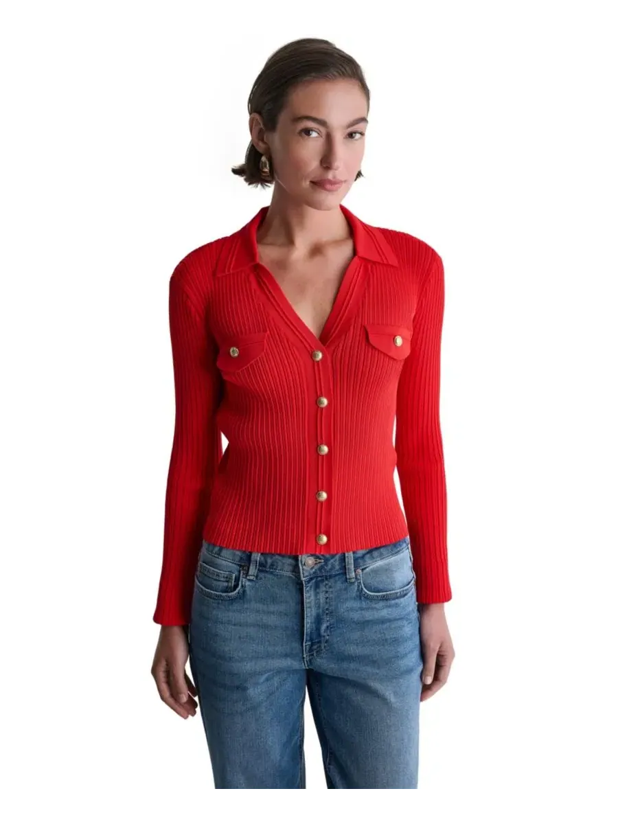 Кардиган женский с воротником и V-образным вырезом, Ribbed Knit Collared V-Neck BCBG, Rouge Volt — изображение 3 из 7