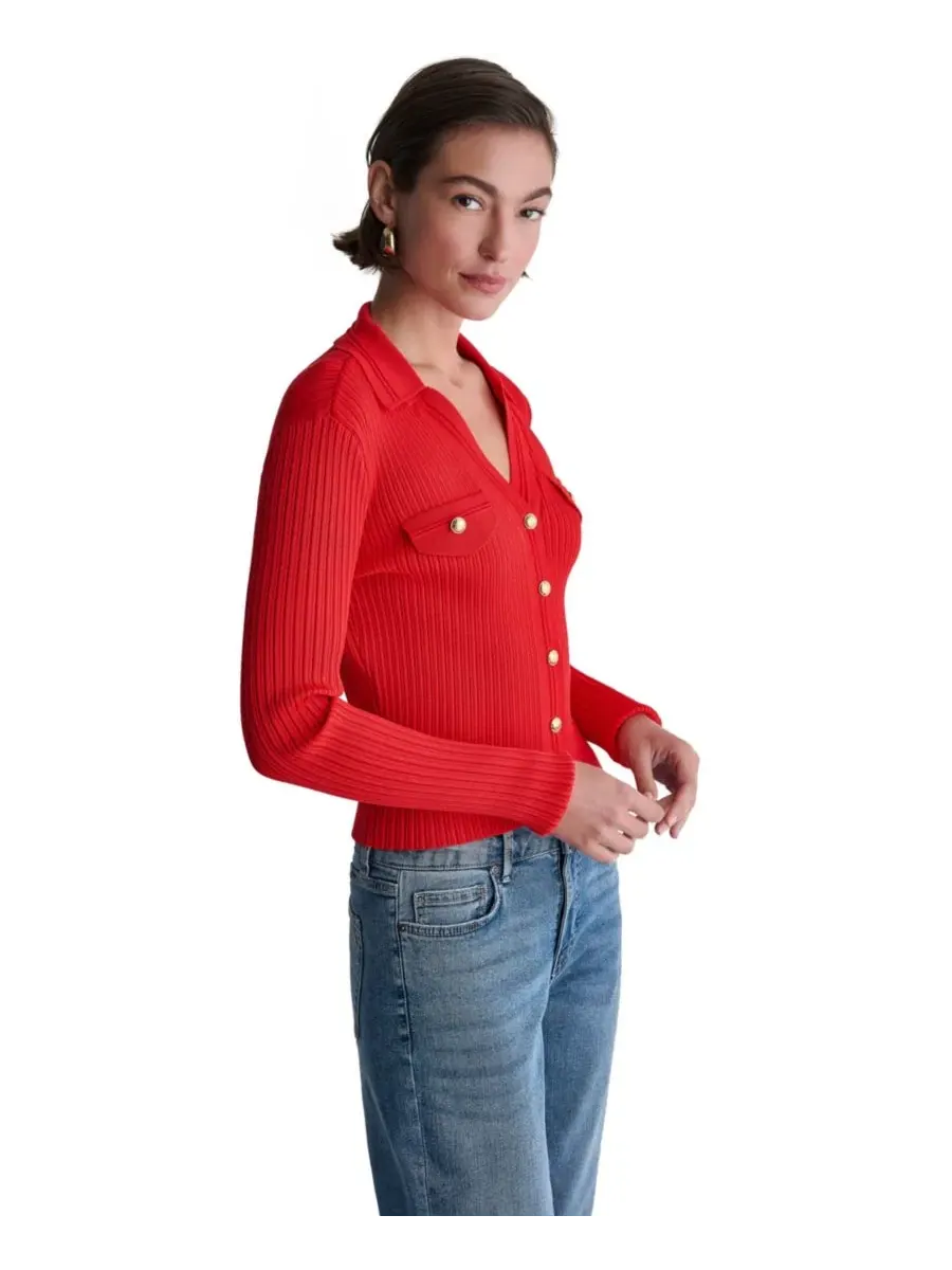 Кардиган женский с воротником и V-образным вырезом, Ribbed Knit Collared V-Neck BCBG, Rouge Volt — изображение 4 из 7