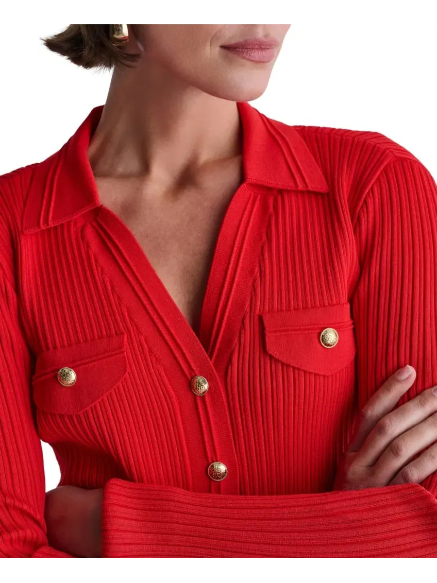 Кардиган женский с воротником и V-образным вырезом, Ribbed Knit Collared V-Neck BCBG, Rouge Volt — изображение 5 из 7