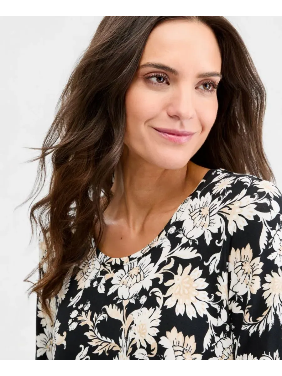 Футболка с принтом и рукавом 3/4, модель Petite Bold Floral Scroll JM Collection — изображение 2 из 3, глубокий черный