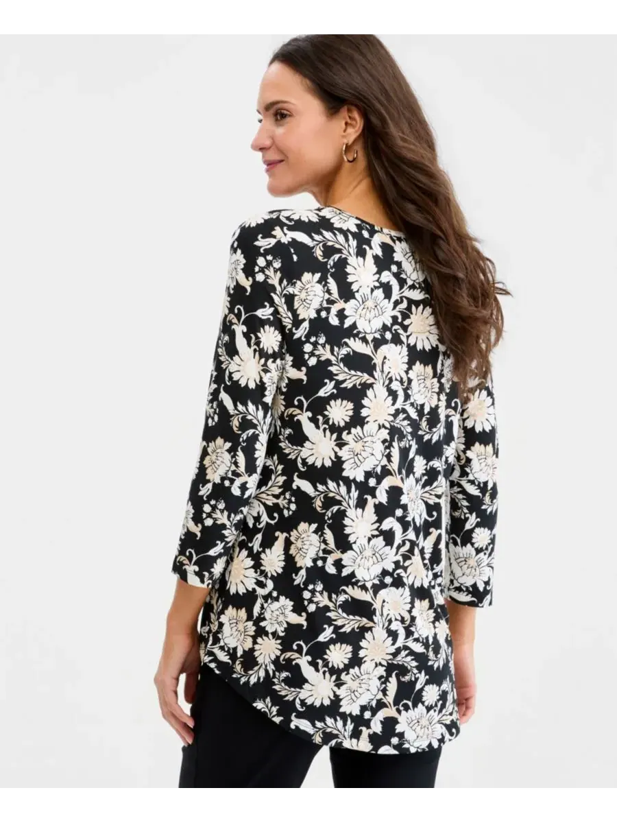 Футболка с принтом и рукавом 3/4, модель Petite Bold Floral Scroll JM Collection — изображение 3 из 3, глубокий черный
