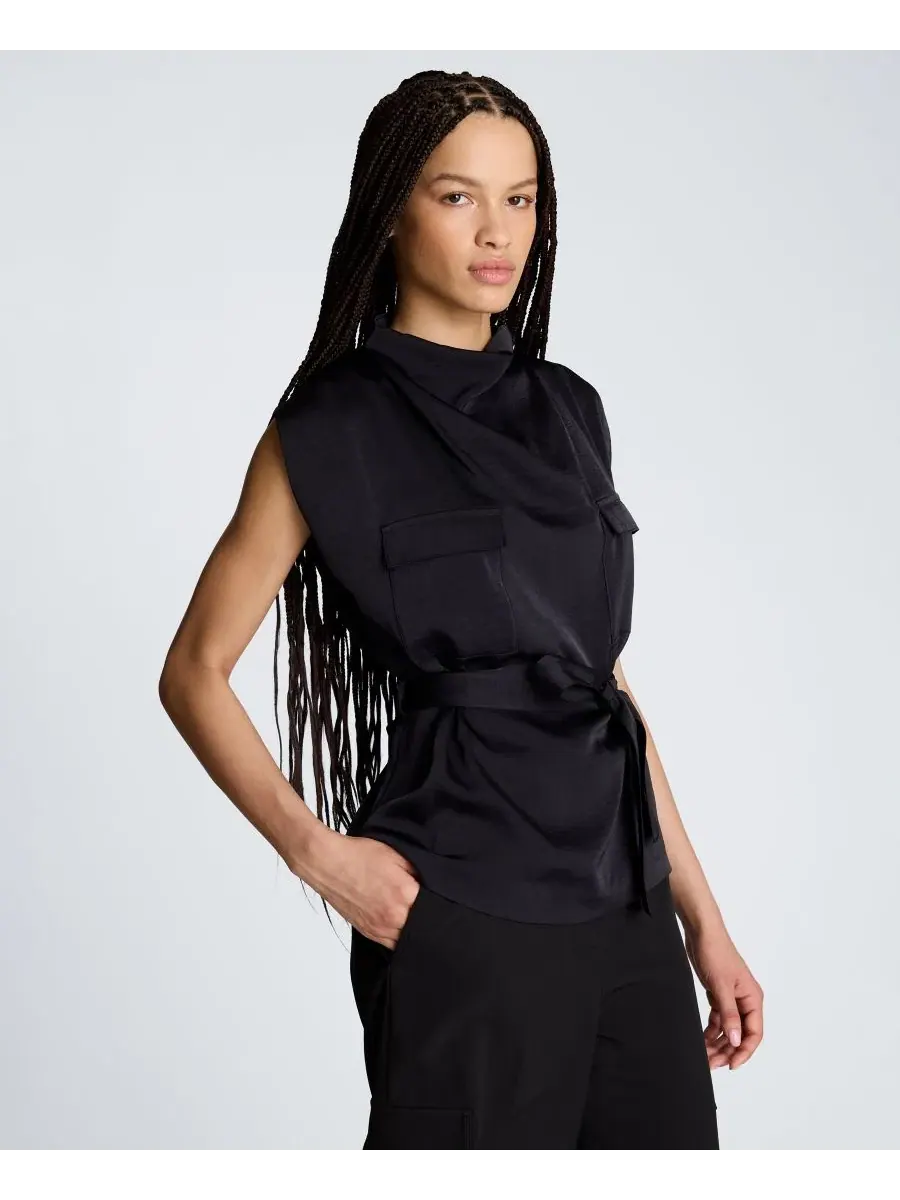 Женская блузка с высоким воротником-хомутом и поясом Kenneth Cole — изображение 3 из 6, черный