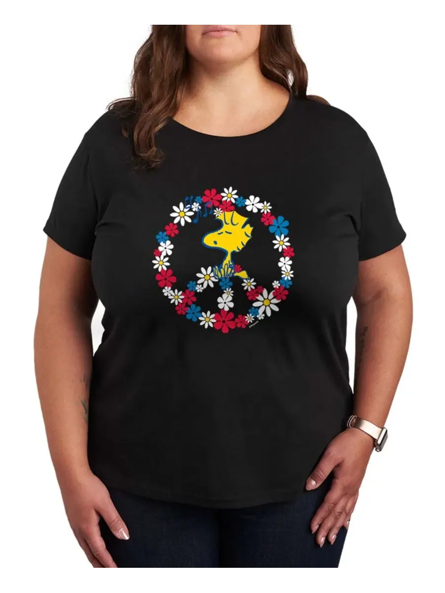 Футболка с круглым вырезом и графическим принтом "Peanuts Woodstock Peace Americana" для полных — изображение 1 из 3, черный