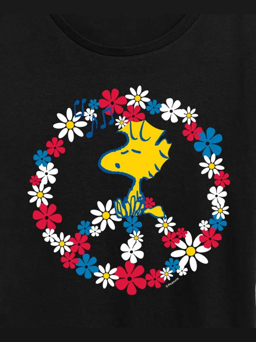 Футболка с круглым вырезом и графическим принтом "Peanuts Woodstock Peace Americana" для полных — изображение 2 из 3, черный