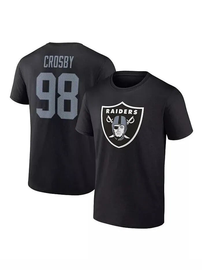 Мужская черная футболка Maxx Crosby со значком игрока Las Vegas Raiders, именем и номером Fanatics — изображение 1 из 3