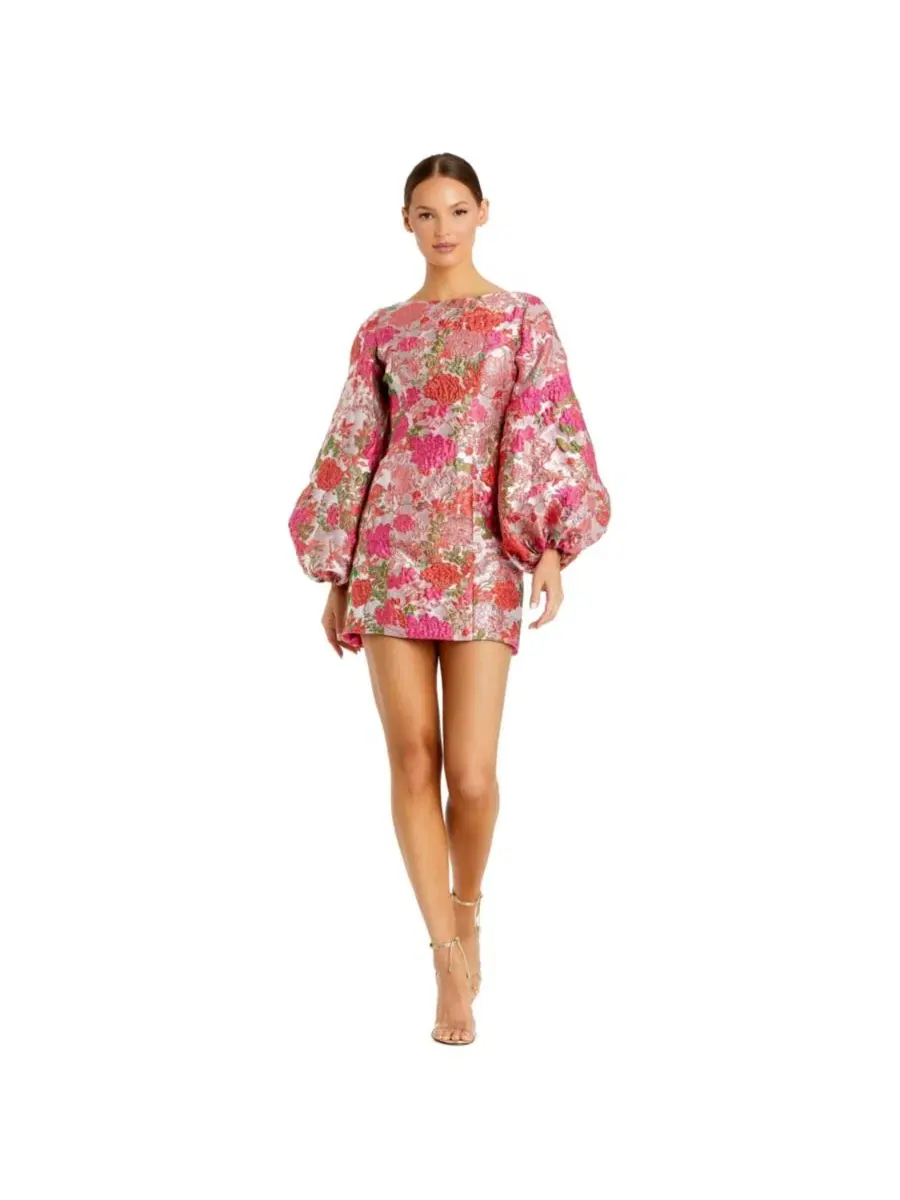 Платье мини из жаккарда с цветочным принтом и рукавом-фонарик, модель Floral Brocade Balloon Sleeve — изображение 1 из 3