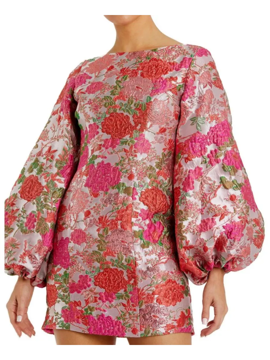 Платье мини из жаккарда с цветочным принтом и рукавом-фонарик, модель Floral Brocade Balloon Sleeve — изображение 3 из 3
