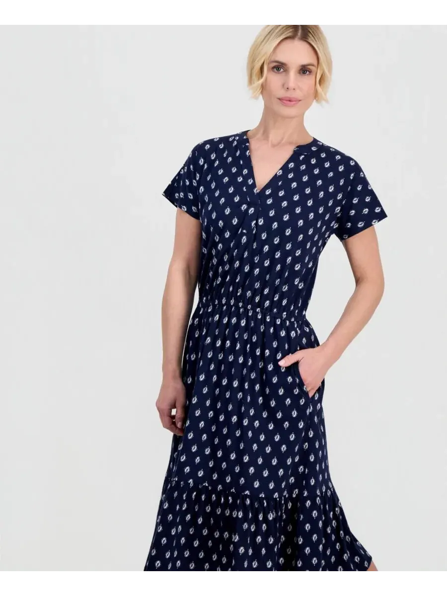 Платье-трапеция с V-образным вырезом Petite Flared Knit V-Neck Dress Style & Co — изображение 2 из 5, синий