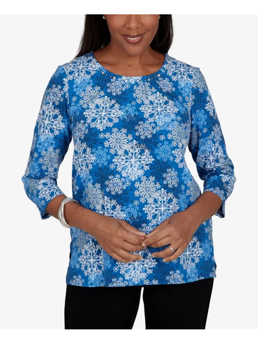 Топ с блестящим декором, 3/4 рукав, Snowflake Print Alfred Dunner — изображение 1 из 5, синий