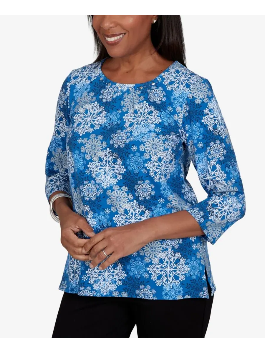 Топ с блестящим декором, 3/4 рукав, Snowflake Print Alfred Dunner — изображение 2 из 5, синий
