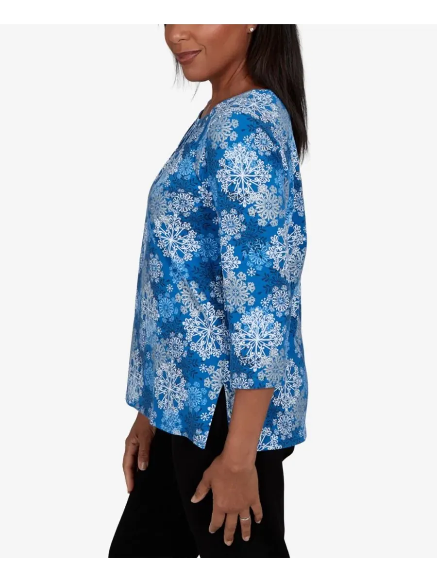 Топ с блестящим декором, 3/4 рукав, Snowflake Print Alfred Dunner — изображение 3 из 5, синий