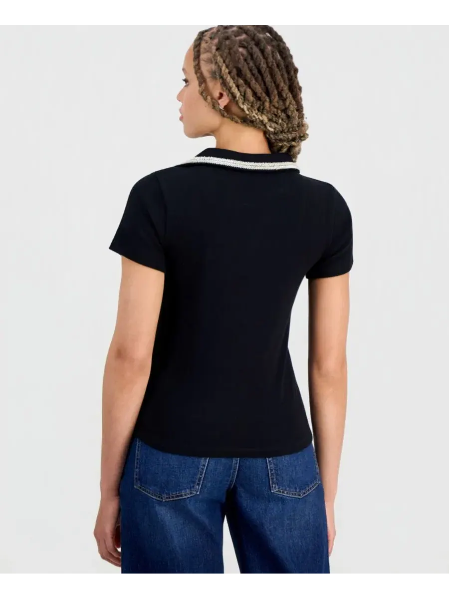 Женский топ-водолазка с украшением, модель Embellished Rib Polo On 34th — изображение 2 из 3, глубокий черный