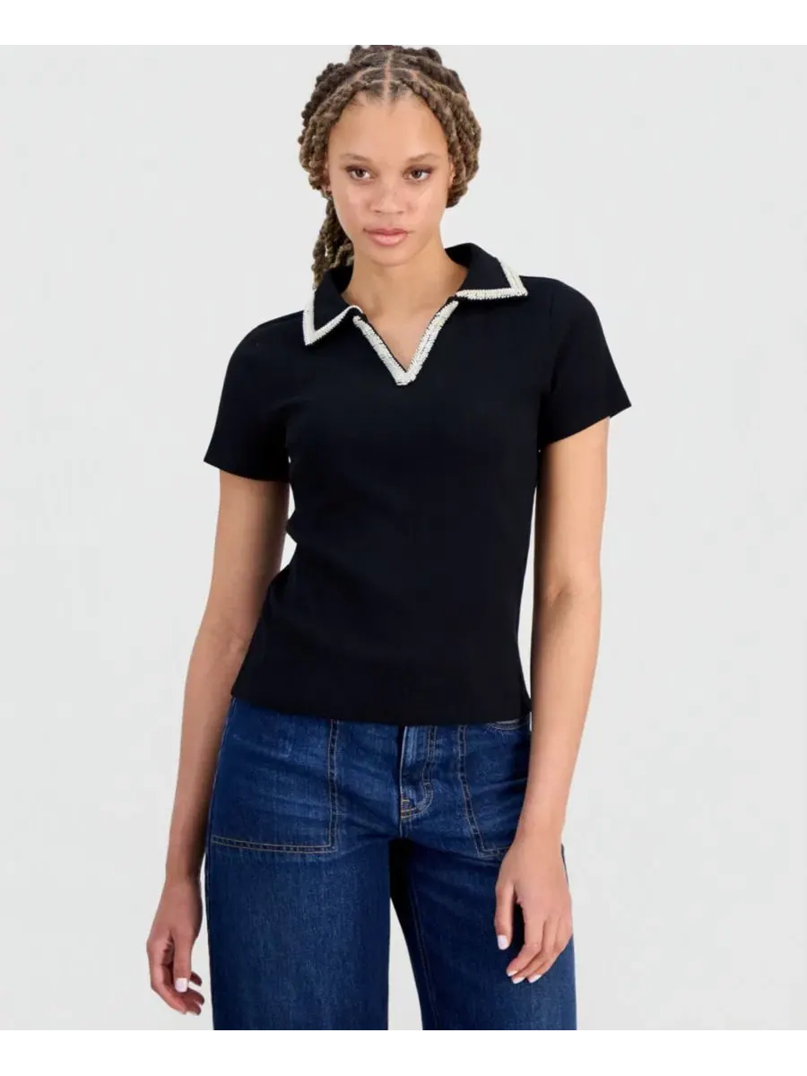 Женский топ-водолазка с украшением, модель Embellished Rib Polo On 34th — изображение 3 из 3, глубокий черный